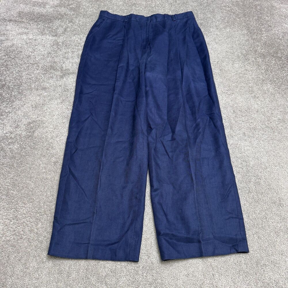 Vintage Lauren Ralph Lauren Linen Pants Womens 16 Navy Blue Pleated Wide Leg